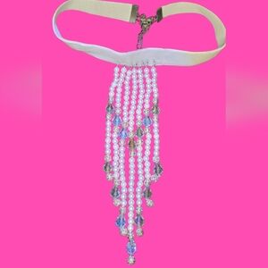 Glass BEAD & Pearl Necklace On WHITE VELVET CHOKER